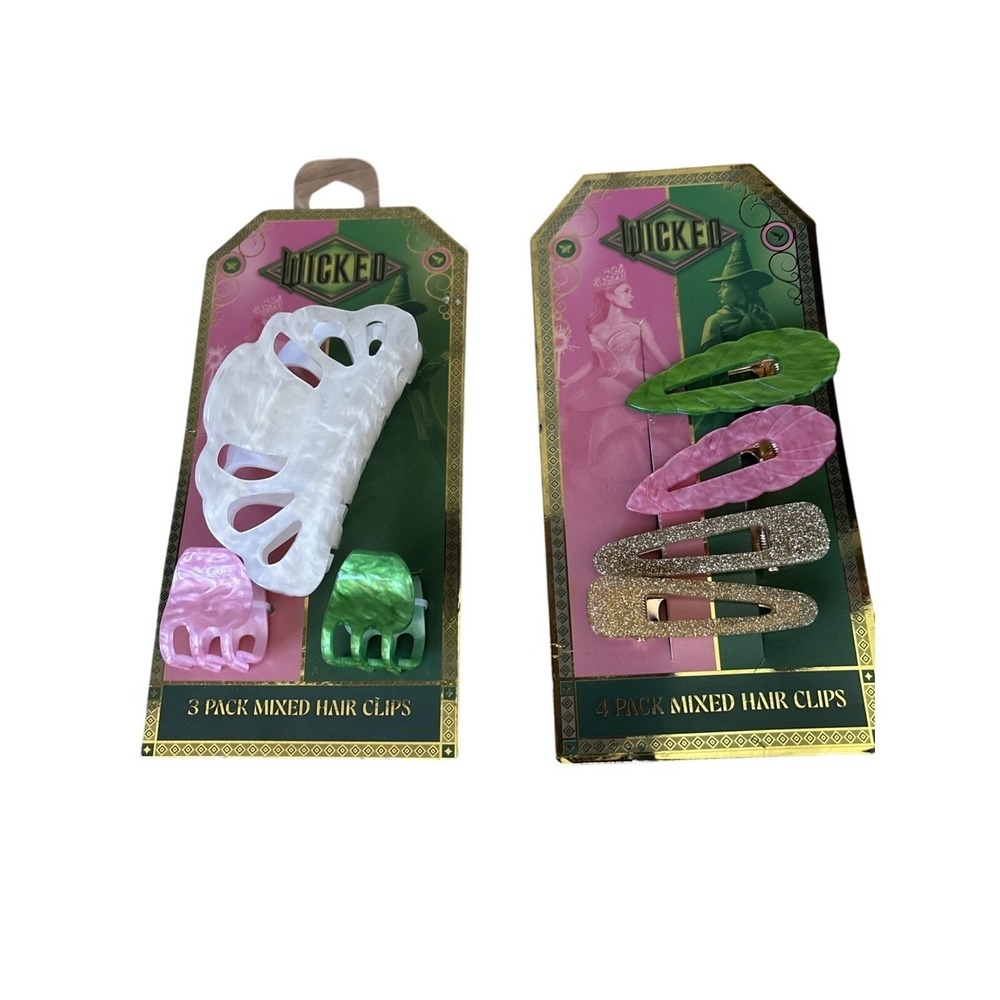 WICKED THE MOVIE Hair Clips Set of 3 & 4 NEW on Cards Glinda & Elphaba Gift Set